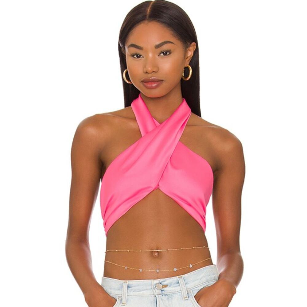superdown Hot Pink Crisscross Halter Crop Top